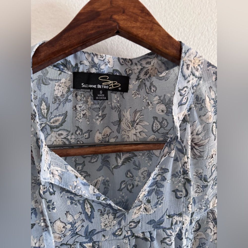Suzanne Betro Size Small Boho Babydoll Tunic Top Blouse Blue Sheer Floral - Picture 2 of 7